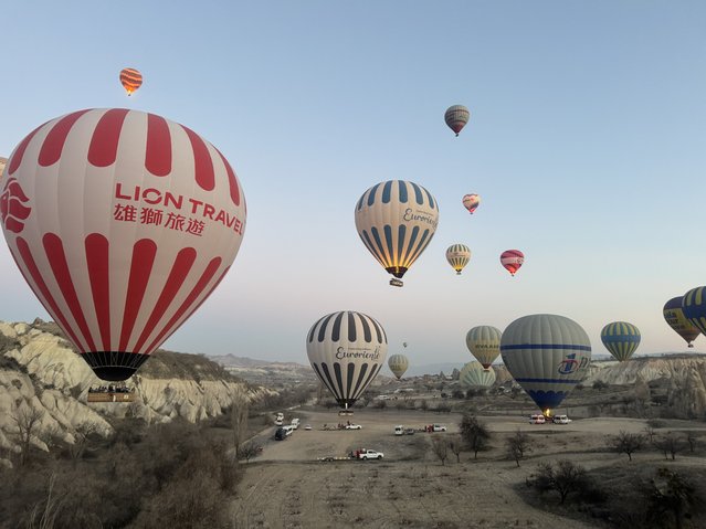 Hot air balloons glide over the sky during sunrise in Goreme district of Nevsehir, Turkiye on February 26, 2024. Hot air balloon tours providing a bird's eye view of the region, are organized every morning for tourists in Cappadocia, which is on the UNESCO World Cultural Heritage List as one of the important tourism centers with its natural, historical and cultural heritage. (Photo by Alper Sitki Ersoy/Anadolu via Getty Images)