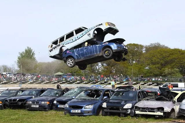 The banger racing car jump spectacular at the Angmering Raceway in West Sussex, England took place on Bank Holiday Monday afternoon, April 18, 2022. (Photo by Paul Jacobs/pictureexclusive.com)