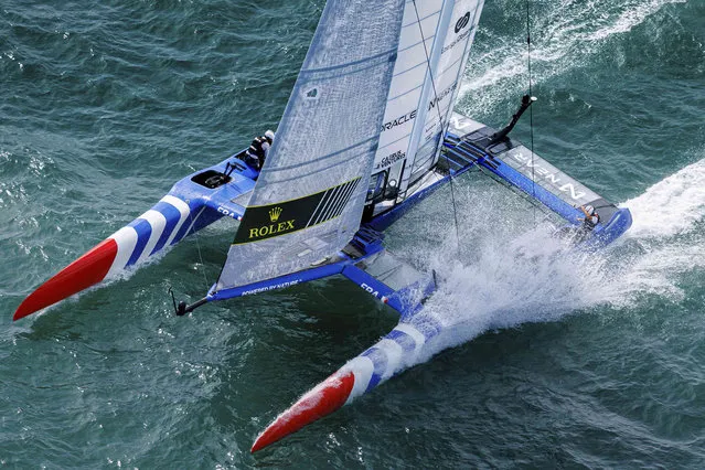 In this photo provided by SailGP, the France SailGP Team, helmed by Quentin Delapierre, sail their way to victory as they win their first ever SailGP event at the Spain Sail Grand Prix in Cadiz, Andalusia, Spain, Sunday, September 25, 2022. (Photo by David Gray/SailGP via AP Photo)