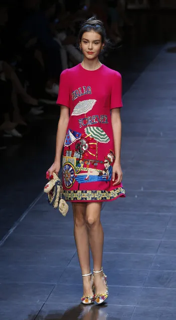 A model wears a creation for Dolce&Gabbana women's Spring-Summer 2016 collection, part of the Milan Fashion Week, unveiled in Milan, Italy, Sunday, September 27, 2015. (Photo by Luca Bruno/AP Photo)
