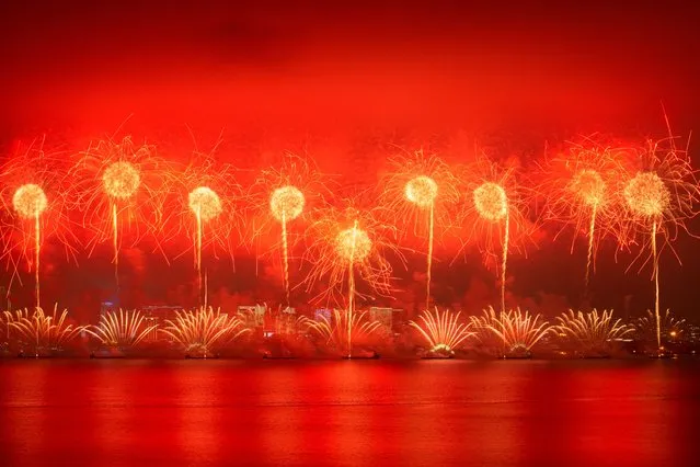 Fireworks light up the night sky during the Spring Festival holiday on January 23, 2023 in Shantou, Guangdong Province of China. The Chinese Lunar New Year, or Spring Festival, falls on January 22. (Photo by VCG/VCG via Getty Images)