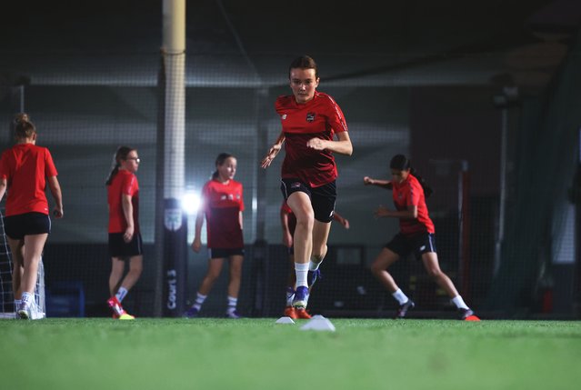 Lily Cuddihy training with her academy, Go-Pro. Lily who represents the UAE in age group football played for the Sunderland academy in the UK against Rangers this summer. DESS College, Academic City, Sharjah on September 3, 2025. (Photo by Chris Whiteoak/The National)
