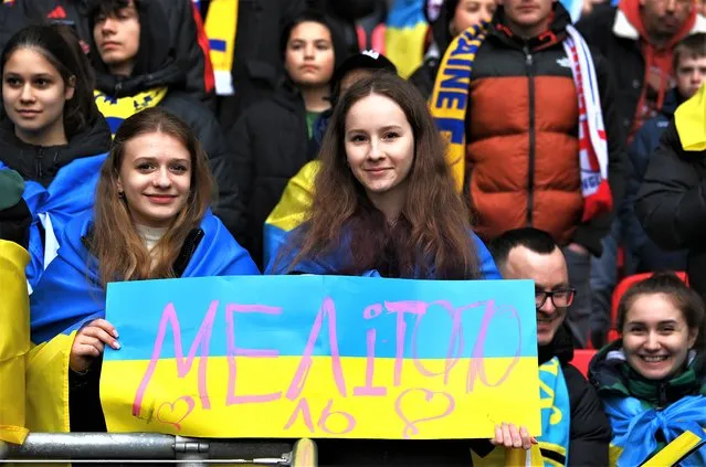 Fans of Ukraine show their support prior to the UEFA EURO 2024 qualifying round group C match between England and Ukraine at Wembley Stadium on March 26, 2023 in London, England. (Photo by Mike Hewitt/Getty Images)