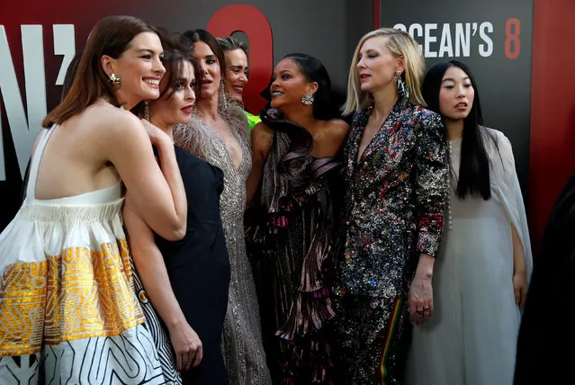 Cast members Anne Hathaway (L to R) Helena Bonham Carter, Sandra Bullock, Sarah Paulson, Rihanna, and Cate Blanchett pose at the world premiere of the film “Ocean's 8” at Alice Tully Hall in New York City, New York, U.S., June 5, 2018. (Photo by Mike Segar/Reuters)