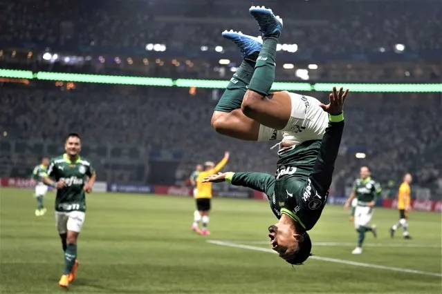 Rony of Brazil's Palmeiras does a backflip as he celebrates a goal that was later disallowed by the referee for an offside decision, during a Copa Libertadores Group C soccer match against Ecuador's Barcelona at the Allianz Parque stadium in Sao Paulo, Brazil, Wednesday, June 7, 2023. (Photo by Andre Penner/AP Photo)