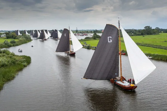 An aerial picture taken with a drone shows skutsjes, Frisian sailing boats, competing during the first day of the Skutsjesilen Sailing Championships in Grou, Netherlands, 05 August 2023. (Photo by Jilmer Postma/EPA)