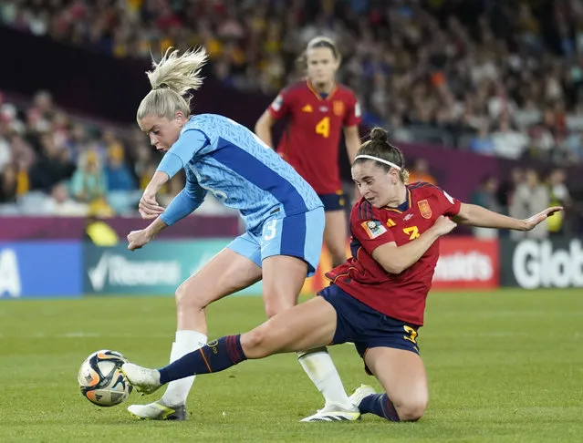 Spain midfielder Teresa Abelleira (3) kicks the ball away from England forward Alessia Russo (23) during the FIFA Women's World Cup  2023 Final match between Spain and England on Sunday, August 20, 2023, at Stadium Australia in Sydney, Australia, (Photo by Jabin Botsford/The Washington Post)