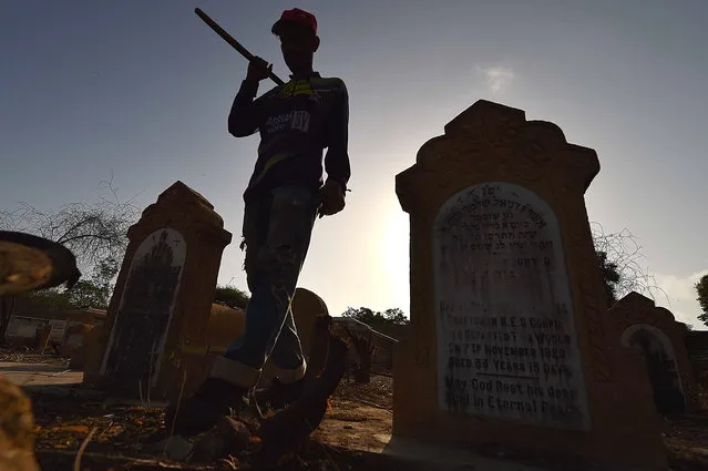 A worker participates in the restoration work of the largest Jewish cemetery in Karachi, Pakistan, 11 September 2023 (issued 12 September 2023). A woman, who did not want to reveal her identity, is funding the restoration of the largest Jewish cemetery in the city of Karachi. A team of locals are clearing the cemetery of wild bushes and shrubs, repairing broken graves, the boundary wall, and the gate. The restoration process is expected to be completed within six weeks. A caretaker will then be hired to maintain the cemetery. The cemetery holds historical significance as the burial place for the Jewish community in Karachi and has not seen a burial in over 38 years. (Photo by Shahzaib Akber/EPA/EFE)