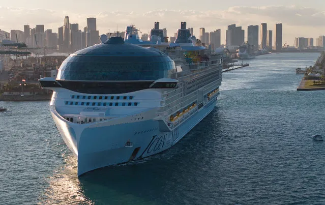 In an aerial view, Royal Caribbean's Icon of the Seas, billed as the world's largest cruise ship, heads out to sea for its second voyage from PortMiami on February 03, 2024, in Miami, Florida. The 1,197-foot long ship cost $1.79 billion to build, has 20 decks, and can hold a maximum of 7,600 people. (Photo by Joe Raedle/Getty Images)