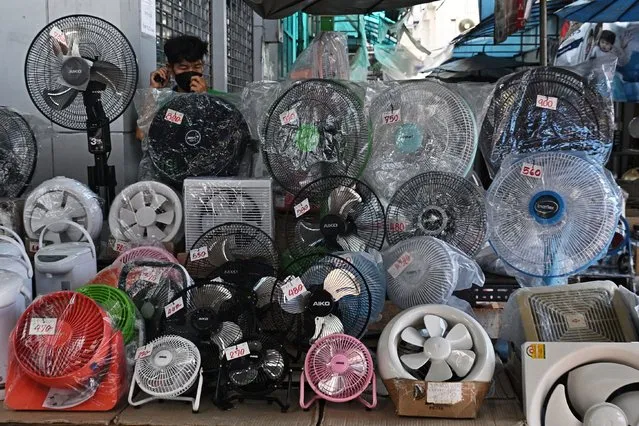 A vendor waits for customers behind a row of fans for sale to combat the heat at an electrical appliances store in Bangkok on March 29, 2024. Thailand braces for more hot weather with temperatures expected to rise above 40 degrees during a severe heatwave period, according to the Thai Meteorological Department (TMD). (Photo by Lillian Suwanrumpha/AFP Photo)