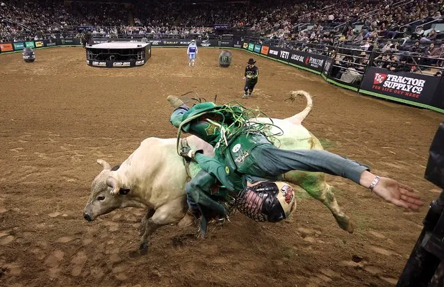 Koltin Hevalow is thrown during the PBR Unleash The Beast event at Madison Square Garden on January 07, 2023 in New York City. (Photo by Jamie Squire/Getty Images)