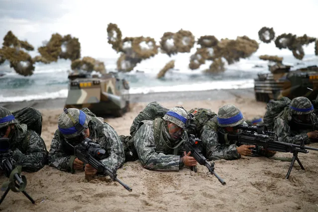 South Korean marines take part in a U.S.-South Korea joint landing operation drill as a part of the two countries' annual military training called Foal Eagle, in Pohang, South Korea, April 2, 2017. (Photo by Kim Hong-Ji/Reuters)