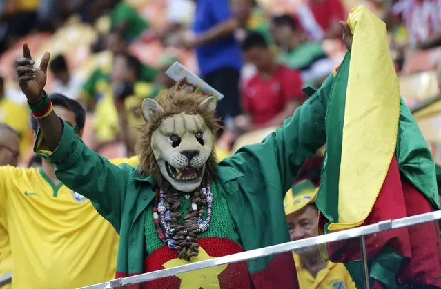 A Cameroon fan cheers before the group A World Cup soccer match between Cameroon and Croatia at the Arena da Amazonia in Manaus, Brazil, Wednesday, June 18, 2014. (Photo by Marcio Jose Sanchez/AP Photo)