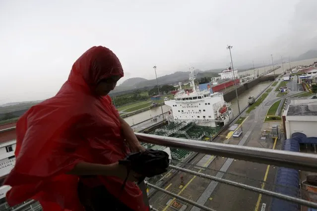 A visitor stands in the rain as a cargo ship navigates through the Miraflores locks of the Panama Canal, during the 101st anniversary of the waterway's opening, in Panama City August 15, 2015. (Photo by Carlos Jasso/Reuters)