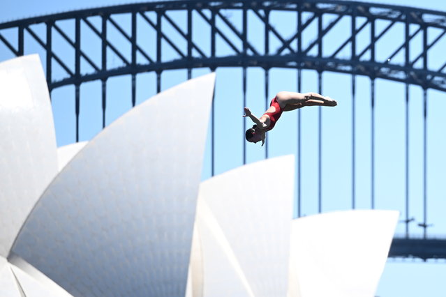 Simone Leathead of Canada during warm up ahead of round one of the women’s Red Bull Cliff Diving World Series set against the Sydney Opera House and Sydney Harbour Bridge in Sydney, Australia, 08 November 2024. (Photo by Dean Lewins/EPA)