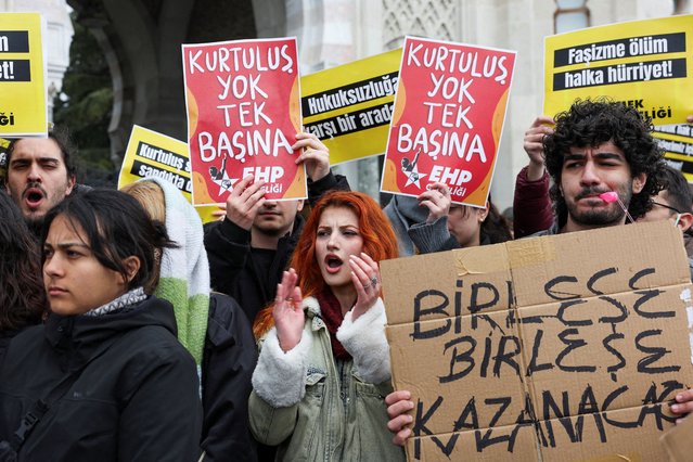 University students take part in a protest against the detention of Istanbul Mayor Ekrem Imamoglu, in Istanbul, Turkey, on March 20, 2025. (Photo by Dilara Senkaya/Reuters)