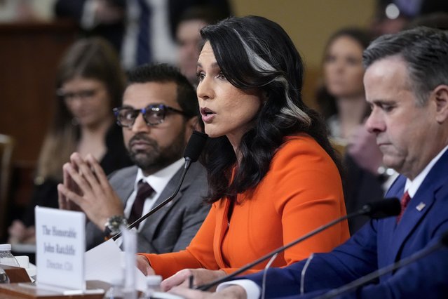 Director of National Intelligence Tulsi Gabbard, flanked by FBI Director Kash Patel, left, and CIA Director John Ratcliffe, testifies as the House Intelligence Committee holds a hearing on worldwide threats, at the Capitol, in Washington, Wednesday, March 26, 2025. (Photo by J. Scott Applewhite/AP Photo)