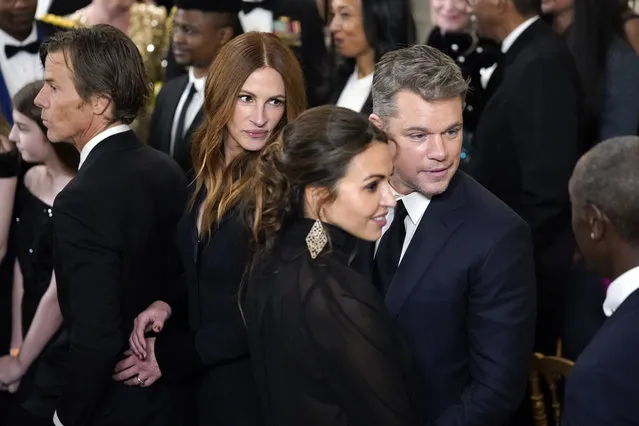 Julia Roberts and her husband Daniel Moder, and Matt Damon and his wife Luciana Barroso attend the Kennedy Center honorees reception at the White House in Washington, Sunday, December 4, 2022. (Photo by Manuel Balce Ceneta/AP Photo)