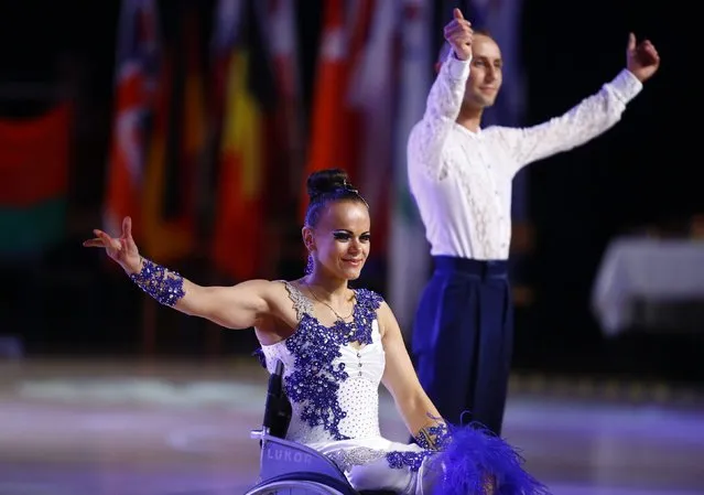 Hanna Stasiuk and Ihar Kuliashou of Belarus celebrate as they win gold in Combi Lat 1 competition during IPC Wheelchair Dance Sport European Championships in Lomianki near Warsaw, November 9, 2014. (Photo by Kacper Pempel/Reuters)