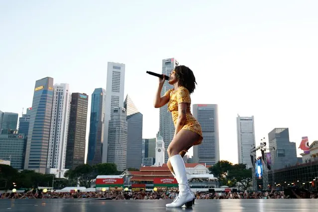 In this handout photo provided by Singapore GP, Halsey performs on stage during day three of the Singapore Formula One Grand Prix at Marina Bay Street Circuit on September 18, 2016 in Singapore. (Photo by Brendon Thorne/Singapore GP via Getty Images)