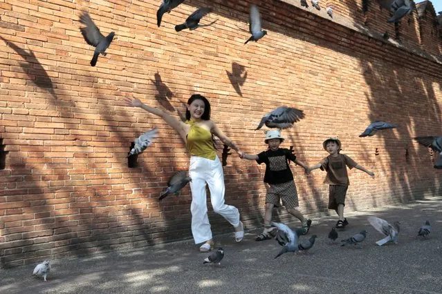Chinese tourists play with pigeons at Tha Phae Gate in Chiang Mai province, northern Thailand, Monday, January 23, 2023. The beaches and temples of destinations like Bali and Chiang Mai are the busiest they have been since the pandemic struck three years ago, but they’re still relatively quiet. (Photo by Wichai Thaprieo/AP Photo)