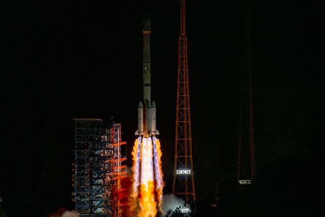 A Long March-3B carrier rocket carrying a new high-orbit internet-services satellite blasts off from the Xichang Satellite Launch Center on August 1, 2024 in Liangshan Yi Autonomous Prefecture, Sichuan Province of China. The satellite was launched at 9:14 p.m. (Beijing Time) aboard a Long March-3B carrier rocket and entered its preset orbit successfully. (Photo by VCG/VCG via Getty Images)