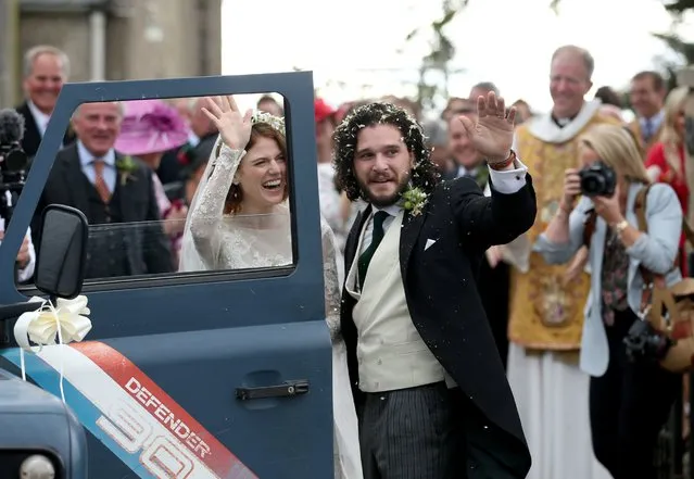 Kit Harington and Rose Leslie at Rayne Church, Kirkton of Rayne in Aberdeenshire, after their wedding on Saturday, June 23, 2018. (Photo by Jane Barlow/PA Wire)