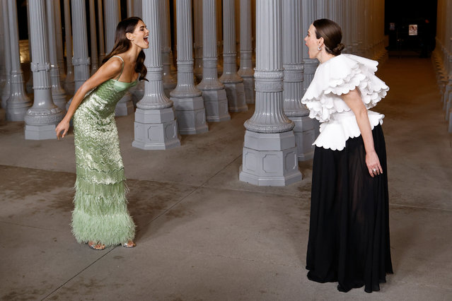American model Kaia Gerber (L) and American actress Sarah Paulson playfully scream at each other at the 2024 LACMA Art + Film Gala presented by Gucci at Los Angeles County Museum of Art on November 02, 2024 in Los Angeles, California. (Photo by Taylor Hill/FilmMagic)