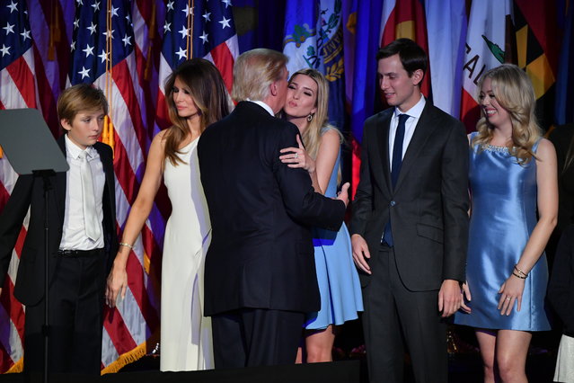 President-elect Donald Trump, with his family, addresses supporters at an election night event at the New York Hilton Midtown November 8, 2016 in New York City, New York. (Photo by Ricky Carioti /The Washington Post)