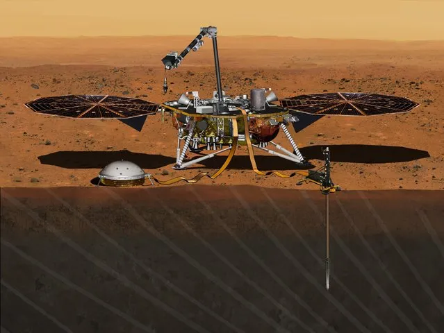 This August 2015 artist's rendering provided by NASA/JPL-Caltech depicts the InSight Mars lander studying the interior of Mars. The spacecraft was scheduled to launch for Mars in March 2016 but NASA said Tuesday, December 22, that managers have suspended the launch because of an air leak in one of two prime science instruments, a seismometer which belongs to the French Space Agency. (Photo by NASA/JPL-Caltech via AP Photo)