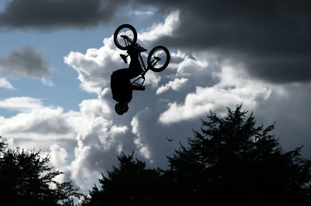 Competitors in the Mens Elite Qualification in the BMX Freestyle during day four of the 2023 UCI Cycling World Championships in Glasgow, Scotland, Sunday August 6, 2023. Photo by (Jane Barlow/PA Wire via AP Photo)