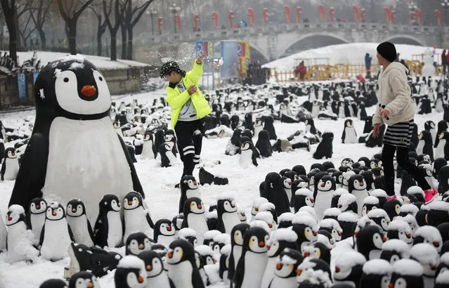 Visitors have a snowball fight at an installation of penguin sculptures on the second day of the Chinese Lunar New Year during the temple fair in celebration of Chinese New Year, at a park in Beijing, February 20, 2015. (Photo by Kim Kyung-Hoon/Reuters)