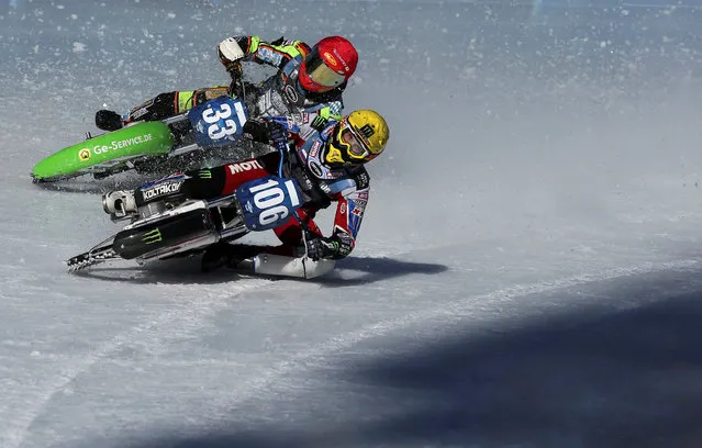 Johan Weber of Germany and Dmitry Koltakov of Russia compete during the final round of the FIM Ice Speedway Gladiators World Championship at the Medeo rink in Almaty, Kazakhstan February 3, 2019. (Photo by Pavel Mikheyev/Reuters)