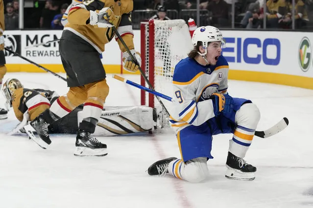 Buffalo Sabres left wing Zach Benson (9) celebrates after scoring against the Vegas Golden Knights during the third period of an NHL hockey game Friday, December 15, 2023, in Las Vegas. (Photo by John Locher/AP Photo)