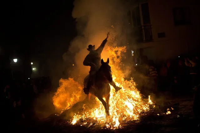 A man rides a horse through a bonfire as part of a ritual in honor of Saint Anthony, the patron saint of animals, in San Bartolome de Pinares, about 100 km west of Madrid, Spain on Thursday, January 16, 2014. (Photo by Emilio Morenatti/AP Photo)