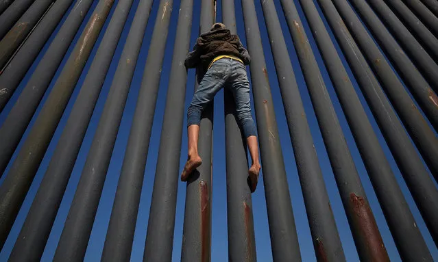 A migrant, part of a caravan of thousands from Central America, climbs the border fence between Mexico and the US in Tijuana on 18 November 2018. (Photo by Hannah McKay/Reuters)