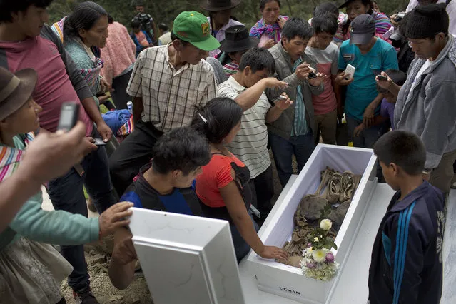 In this March 29, 2016 photo, people take pictures of the remains of their relatives killed more than two decades ago by Shining Path rebels, as they hold a group burial in Ccano, a village in the Huanta area of Ayachcuo department, Peru. While about half of Peruvians say they would never vote for anyone connected to the former strongman Alberto Fujimori, rural voters haunted by the conflict that claimed 70,000 lives say the country needs a firm hand to keep violence at bay and plan to cast ballots for his daughter, Keiko Fujimori, in the April 10 election. (Photo by Rodrigo Abd/AP Photo)