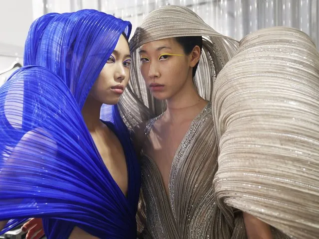 Models pose backstage prior to the Gaurav Gupta Haute Couture Spring Summer 2023 show as part of Paris Fashion Week on January 26, 2023 in Paris, France. (Photo by Vittorio Zunino Celotto/Getty Images)