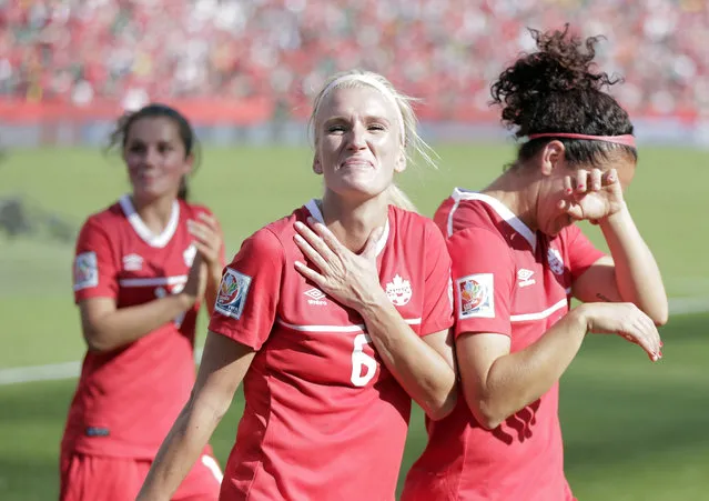 Canada midfielder Kaylyn Kyle (6) celebrates after defeating China 1-0 in Edmonton, June 6, 2015. (Photo by Erich Schlegel/USA TODAY Sports)