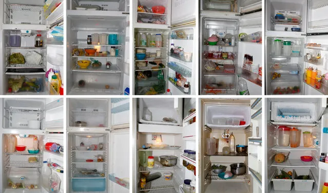 A combination photo shows the contents of peoples fridges in Caracas, Venezuela April 2016. The combination of Venezuela's sky-rocketing prices and chronic product shortages have left many struggling to put regular food on their tables and maintain a balanced diet.  Amid a severe recession and dysfunctional state-run economy, poorer families say they are sometimes skipping meals and relying more on starch foods. According to one recent study, 87 percent of Venezuelans say their income is now insufficient to purchase their food needs. (Photo by Carlos Garcia Rawlins/Reuters)