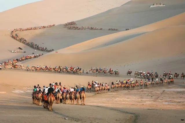 This photo taken on August 10, 2019 shows tourists riding camels in the desert in Dunhuang in China's northwestern Gansu province. (Photo by AFP Photo/China Stringer Network)