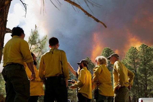 A USDA Forest Service firefighting crew from Arkansas is instructed to begin property saving measures in battling the South Fork Fire at Cedar Creek in Ruidoso, New Mexico, U.S. June 17, 2024. (Photo by Kaylee Greenlee Beal/Reuters)