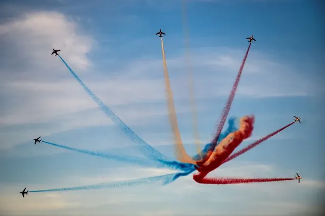 French elite acrobatic flying team “Patrouille de France” performs during the 8th Athens Flying Week aviation event over Tanagra air base, north of Athens, on September 22, 2019. (Photo by Angelos Tzortzinis/AFP Photo)