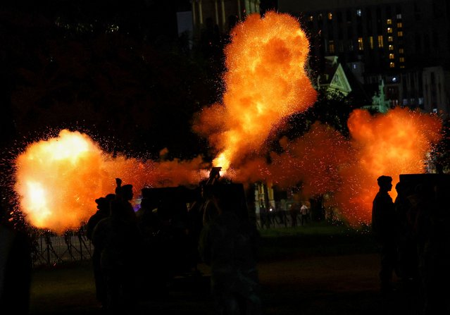 Members of South Africa's military fire a gun salute during their rehearsals for opening of parliament address by South Africa's President Cyril Ramaphosa to outline the priorities of the seventh administration of the democratic era in Cape Town, South Africa on July 17, 2024. (Photo by Esa Alexander/Reuters)