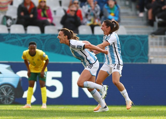 Sophia Braun of Argentina celebrates after scoring her team's first goal during the FIFA Women's World Cup Australia & New Zealand 2023 Group G match between Argentina and South Africa at Dunedin Stadium on July 28, 2023 in Dunedin, New Zealand. (Photo by Molly Darlington/Reuters)