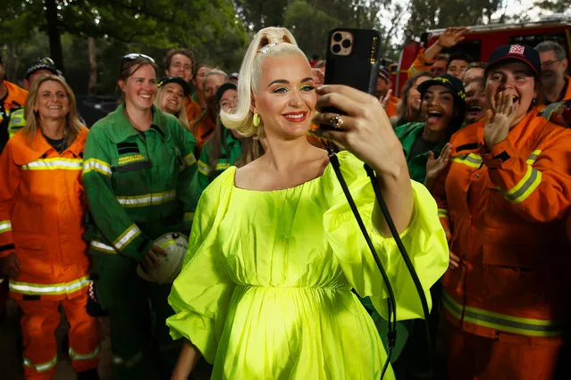 Katy Perry poses for a selfie on March 11, 2020 in Bright, Australia. The free Fight On concert was held for for firefighters and communities recently affected by the devastating bushfires in Victoria. (Photo by Daniel Pockett/Getty Images)