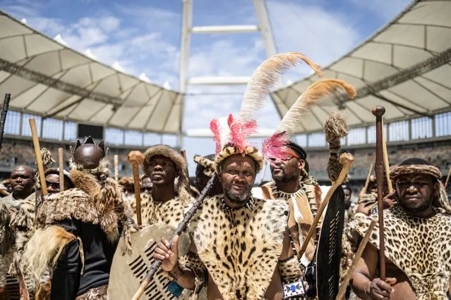 Amabutho, Zulu King regiments, clad in traditional dresses and carrying shields and sticks, are seen at the Moses Mabhida Stadium in Durban on October 29, 2022, for the handover of the official certificate of recognition for the Zulu King Misuzulu. Tens of thousands of people in colourful regalia gathered at a huge soccer stadium in the coastal city of Durban to celebrate the official coronation of South Africa's Zulu king. Misuzulu Zulu, 48, ascended the throne once held by his late father, Goodwill Zwelithini, who died in March 2021 after a diabetes-related illness. (Photo by Marco Longari/AFP Photo)