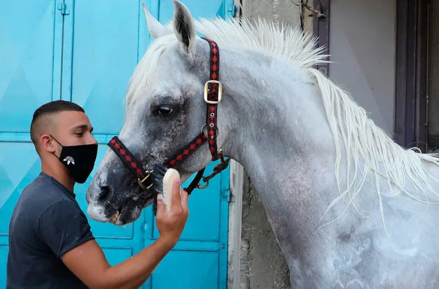 A mask-clad resident of the Askar Palestinian refugee camp, east of the West Bank city of Nablus, is pictured with a horse, during the novel coronavirus pandemic crisis, on July 13, 2020. The Palestinian Authority yesterday imposed a night-time and weekend curfew on the occupied West Bank for the coming 14 days to try and rein in rising coronavirus numbers. (Photo by Jaafar Ashtiyeh/AFP Photo)