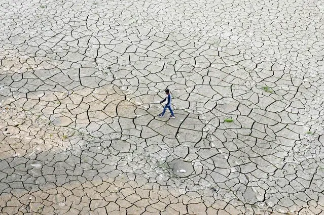 A man walks on the dry river bed of the Ganges River in Prayagraj on November 26, 2022. (Photo by Sanjay Kanojia/AFP Photo)