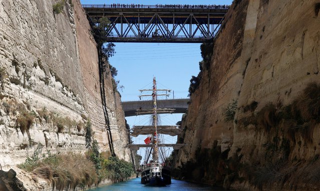 The “Belem”, a three-masted sailing ship that carries the Olympic Flame from Greece to Marseille in France, sails after crossing the Corinth Canal, following the handover ceremony for the Paris 2024 Olympics, in Corinth, Greece, on April 28, 2024. (Photo by Louiza Vradi/Reuters)